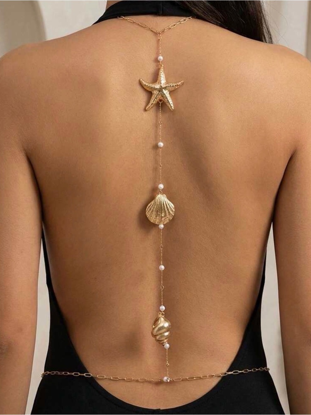 Gold Seashell Back Chain Dress Accessory - Women's Black Dress